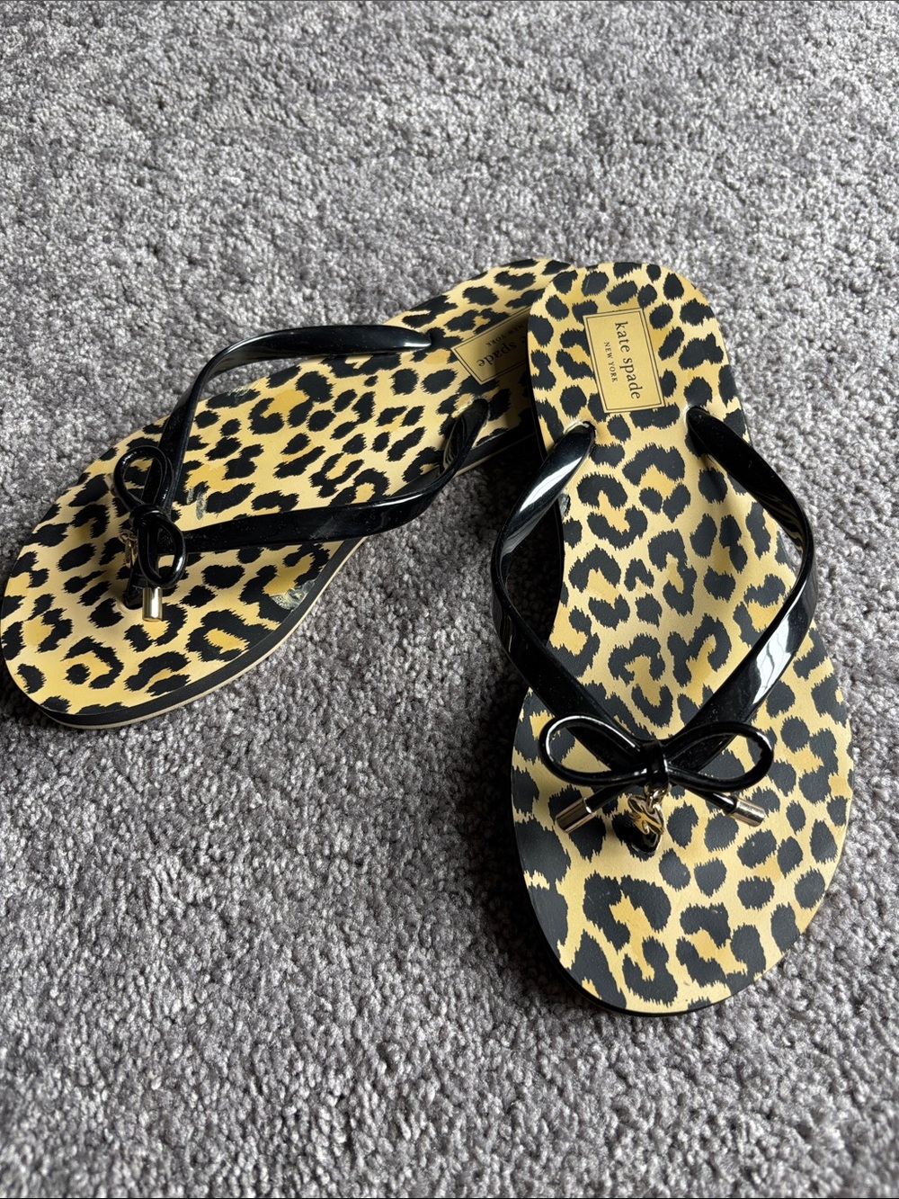 kate spade Yellow and Black Leopard Print Bow Flip Sandals